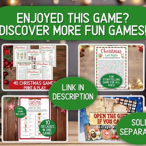 May include: A collection of printable Christmas game sheets featuring various activities like trivia, storytelling, and price guessing. The graphics include red and green text, festive illustrations, and clear instructions for holiday party entertainment.