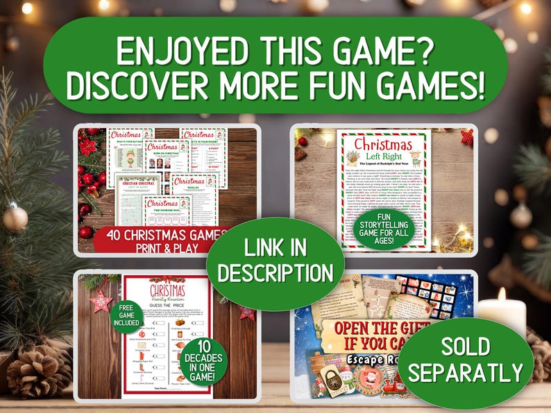 May include: A collection of printable Christmas game sheets featuring various activities like trivia, storytelling, and price guessing. The graphics include red and green text, festive illustrations, and clear instructions for holiday party entertainment.