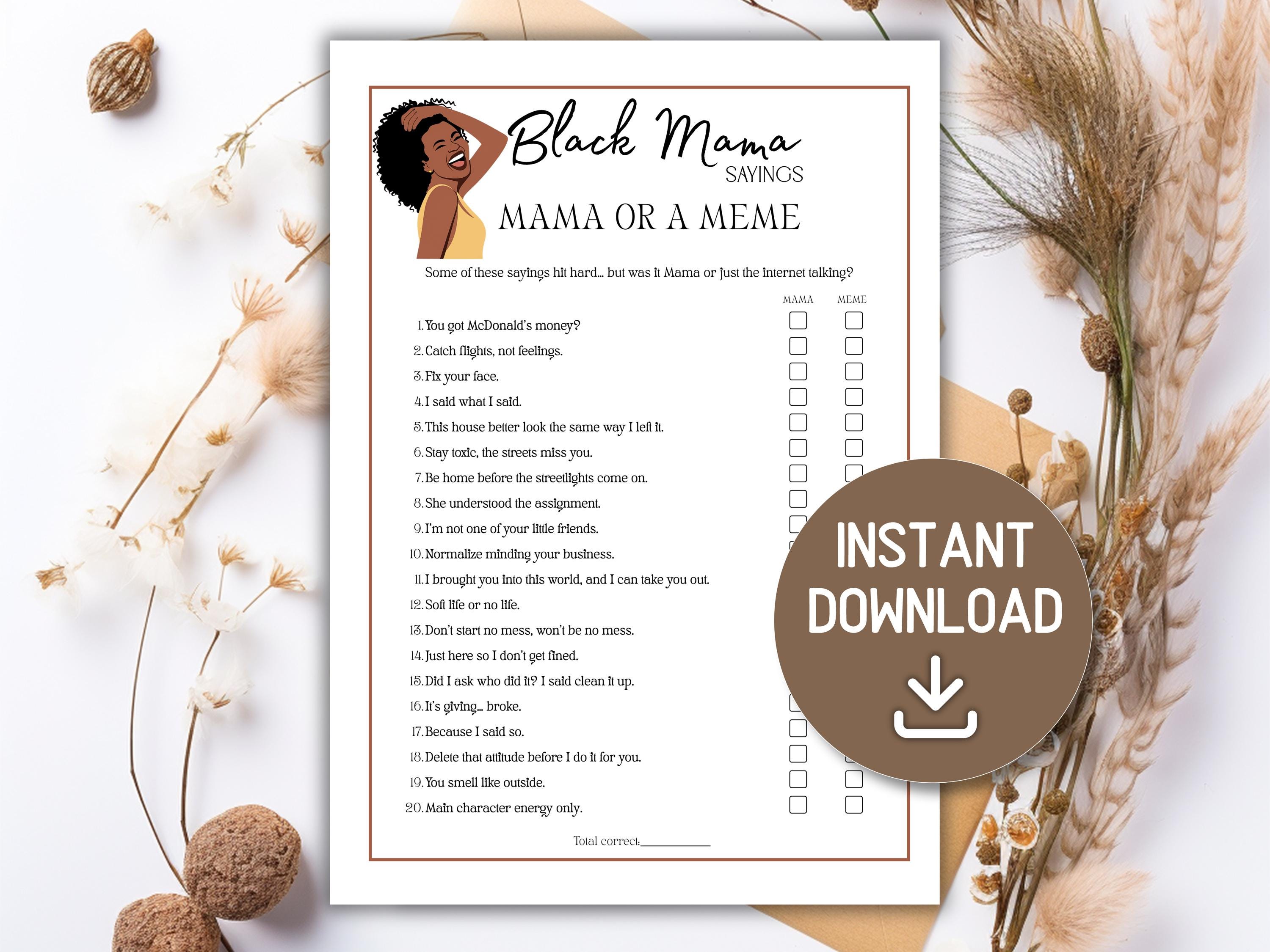 黒人ママの格言ゲーム、ミームゲーム、ベビーシャワーゲーム、黒人の女の子の物、黒人ママの格言、黒人ママの格言ゲーム、黒人の人々への回答キー（PDF）, image size:3000x2250