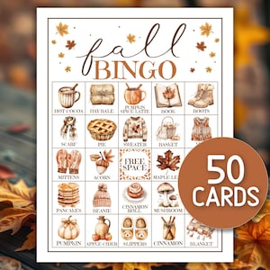 May include: A Fall Bingo game card with watercolor illustrations of autumn-themed items like pumpkins, mittens, and hot cocoa. The card features the text "Fall Bingo" and a circular graphic that says "50 Cards".