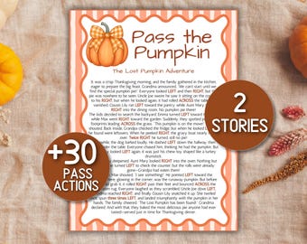 May include: A Thanksgiving-themed print with the text "Pass the Pumpkin" and "The Lost Pumpkin Adventure." The design features a pumpkin illustration and two circular graphics with the words "2 Stories" and "+30 Pass Actions."