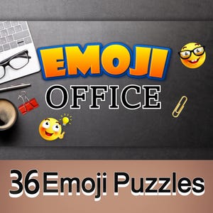 Puede incluir: Imagen promocional de los rompecabezas "Emoji Office". El diseño presenta el texto "Emoji Office" en una fuente colorida y de dibujos animados, junto con emojis y artículos de oficina como un portátil, gafas y una taza de café. La parte inferior de la imagen dice "36 Emoji Puzzles."