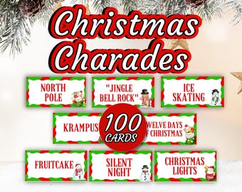 Jeu de charades de Noël imprimable, 100 cartes, jeu de fête des fêtes pour familles, enfants et adultes, activité de Noël, fête de bureau, salle de classe, vacances