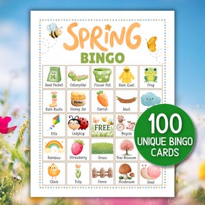 Könnte beinhalten: Eine farbenfrohe Frühlings-Bingo-Spielkarte mit blauem Himmel im Hintergrund. Die Karte zeigt Illustrationen zum Thema Frühling, wie eine Biene, einen Frosch und eine Erdbeere. Der Text "SPRING BINGO" steht oben, und ein grüner Kreis zeigt "100 UNIQUE BINGO CARDS".