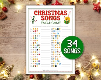 May include: A Christmas Songs Emoji Game printable sheet with 34 songs to guess. The game sheet has a red and green border, with the title "Christmas Songs Emoji Game" in red. A green circle with "34 Songs" is on the right.