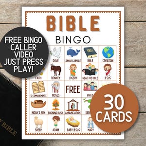 May include: A Bible Bingo game card featuring a grid of colorful illustrations depicting biblical figures and stories, including a dove, Jonah and the whale, and Noah's ark. The text reads BIBLE BINGO, FREE, and 30 CARDS, with various labels.