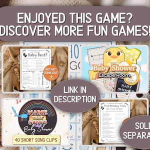 May include: Image showcasing baby shower and first birthday trivia games, including "Who Knows Baby Best?" and "Name That Song" with 40 short song clips. The image also includes the text "Enjoyed This Game? Discover More Fun Games!" and "Link in Description."