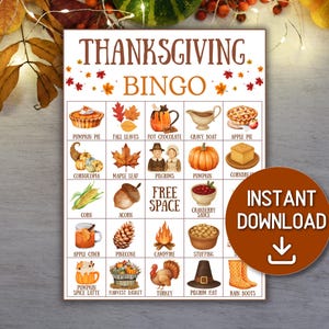 May include: Thanksgiving Bingo game card with watercolor illustrations of fall-themed items like pumpkin pie, cornucopia, and a turkey. The card includes the text "Thanksgiving Bingo" and "Instant Download".