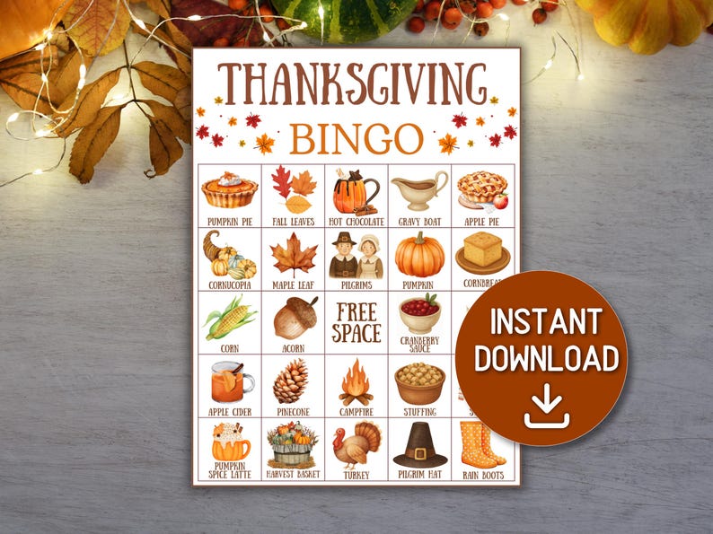 May include: Thanksgiving Bingo game card with watercolor illustrations of fall-themed items like pumpkin pie, cornucopia, and a turkey. The card includes the text "Thanksgiving Bingo" and "Instant Download".
