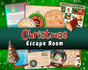 Może przedstawiać: Świąteczna gra Escape Room z różnymi elementami. Zawiera drewnianą deskę do krojenia z literami z piernika, kulę śnieżną, kalendarz adwentowy i kompas. Widoczne są słowa "Christmas Escape Room".
