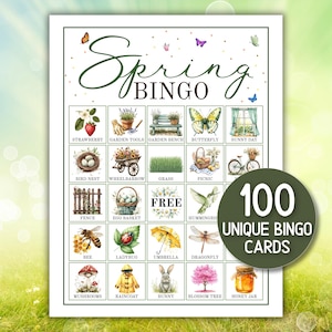 May include: A Spring Bingo game card with a green and white design. The card features illustrations of spring-themed items like strawberries, butterflies, and a bunny. The text "Spring Bingo" is at the top, and the card includes 100 unique bingo cards.