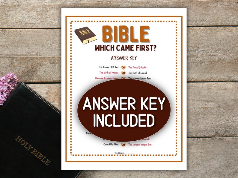May include: A printed game sheet with the title "BIBLE WHICH CAME FIRST?" and an "ANSWER KEY INCLUDED" label. The sheet features a brown border and a wooden background. A closed black Holy Bible is visible on the left.