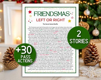 May include: A Friendsmas party game with the text "Friendsmas Left or Right" and "The Secret Santa Shuffle." The game includes instructions, a list of actions, and a graphic with "+30 Pass Actions" and "2 Stories."