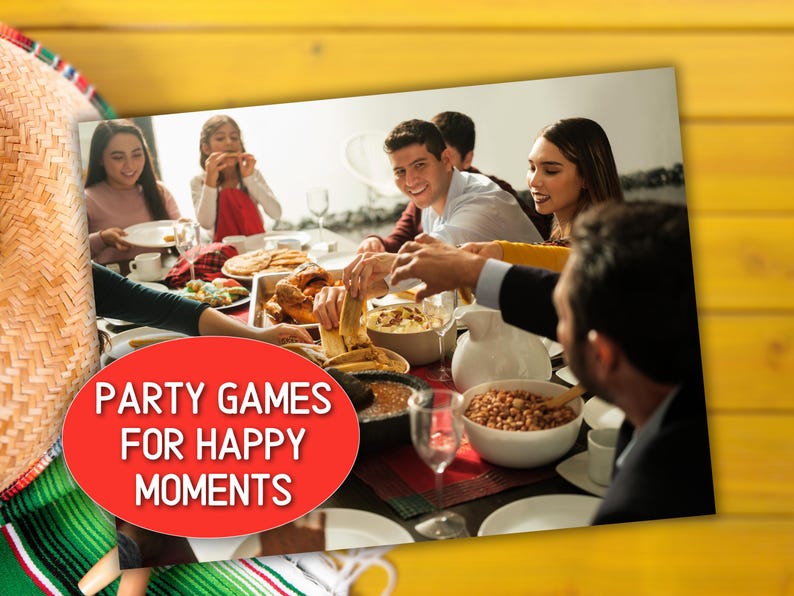 May include: A group of people gathered around a table, enjoying a meal together. The table is set with food, drinks, and a red tablecloth. The text "PARTY GAMES FOR HAPPY MOMENTS" is displayed in a red oval.