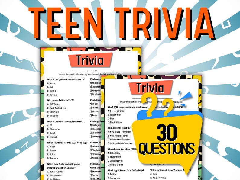 Trivia Game for Teens Questions and Answers Teens Party Games for Tweens Birthday Teens Activity ...