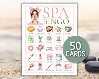 Tarjetas de bingo de spa, 50 tarjetas imprimibles para fiestas de pijamas con temática de bingo para niñas.