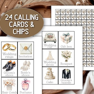 May include: A collection of wedding-themed calling cards and chips. The cards feature illustrations of wedding rings, a wedding car, a wedding dress, and a cake. The text on the cards reads "24 Calling Cards & Chips."