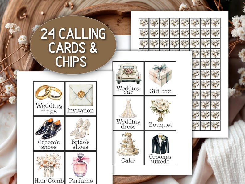 May include: A collection of wedding-themed calling cards and chips. The cards feature illustrations of wedding rings, a wedding car, a wedding dress, and a cake. The text on the cards reads "24 Calling Cards & Chips."
