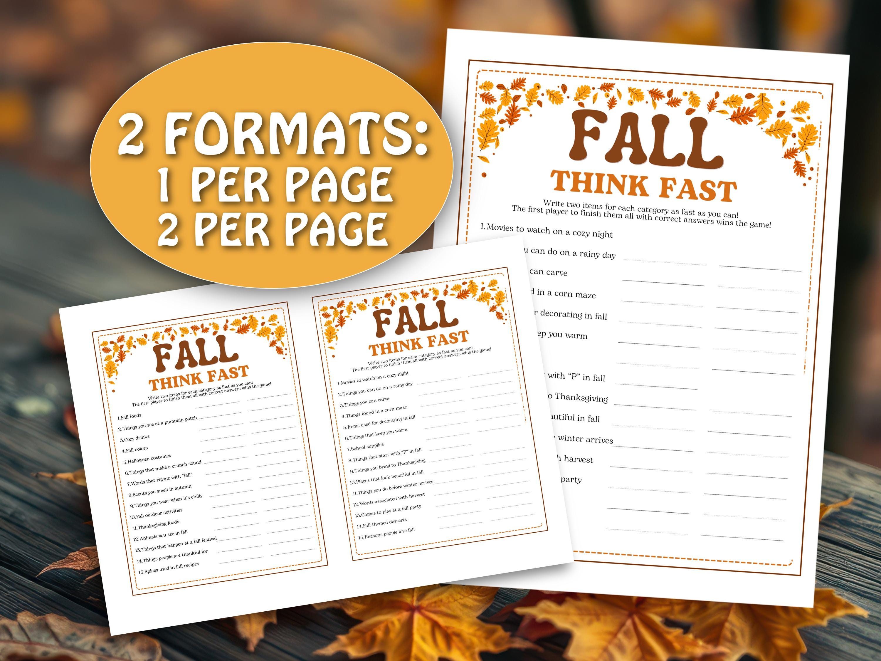 Fall Think Fast Game Printable, Think Quick Autumn Fall Themed ...