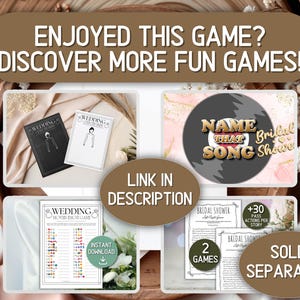 May include: A collection of printable wedding and bridal shower games. The image includes a black and white game book, a game with a vinyl record design, and other game cards. Text includes "Enjoyed this game? Discover more fun games!" and "Link in description."