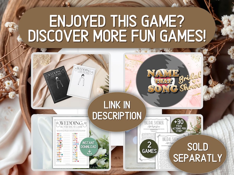 May include: A collection of printable wedding and bridal shower games. The image includes a black and white game book, a game with a vinyl record design, and other game cards. Text includes "Enjoyed this game? Discover more fun games!" and "Link in description."