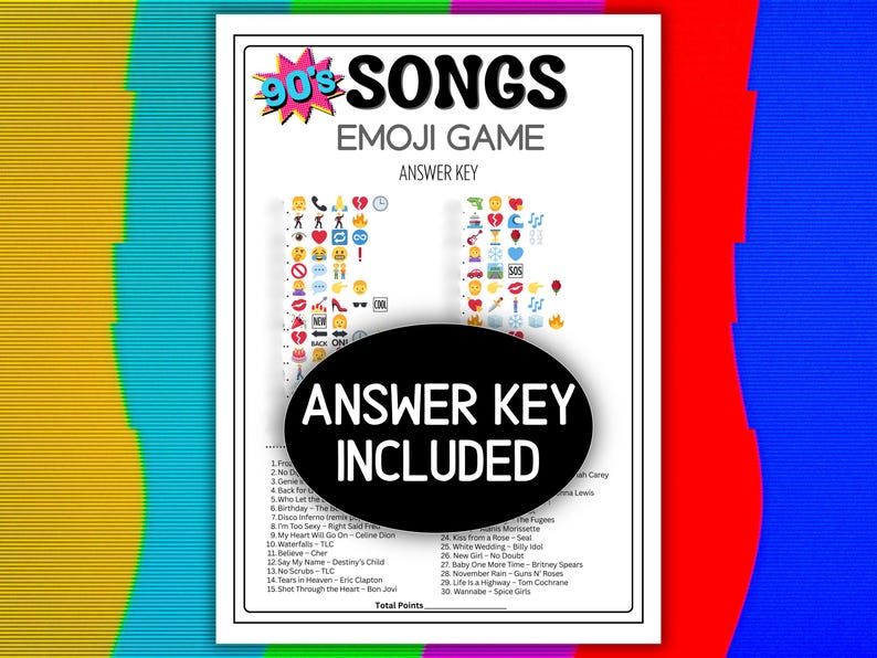 May include: A white sheet with a 90s-themed emoji game answer key. The sheet includes song titles and corresponding emojis. A black oval with the text "ANSWER KEY INCLUDED" is in the center. The background is a colorful, abstract design.