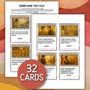 Senior Movie Match Game, Senior Games for Elderly Fun Printable Senior Game Family Trivia Night Memory Activities for Seniors UK USA Movies