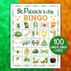 Op de afbeelding: Een St. Patrick's Day Bingo-kaart met een groen-witte rand. De kaart bevat bingovakken met thema-afbeeldingen en woorden als "Leprechaun", "Shamrock" en "Pot of Gold". Een groene cirkel leest "100 unieke bingokaarten".