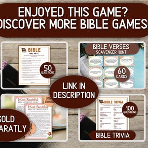 May include: Image featuring Bible-themed games, including "Who Am I?" with 50 questions, a Scavenger Hunt with 60 cards, and Bible Trivia with 100 questions. The text "Enjoyed This Game? Discover More Bible Games!" is displayed.