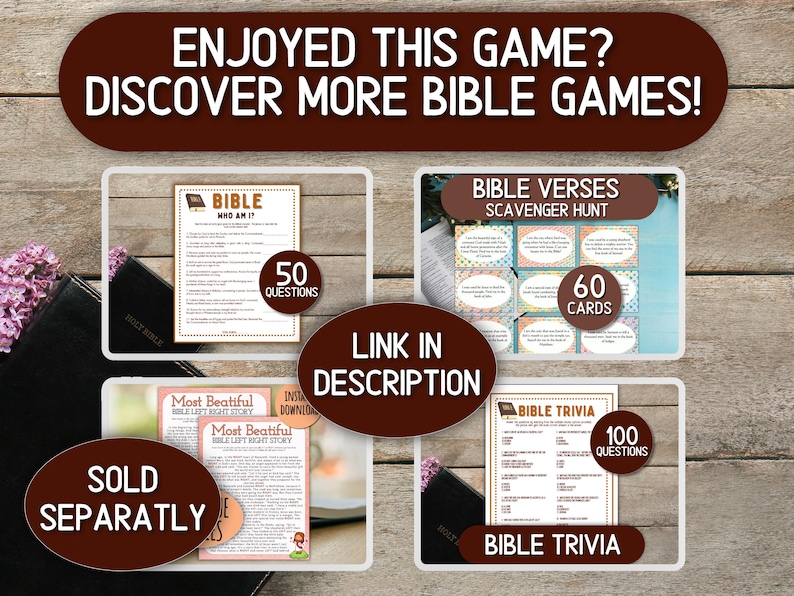 May include: Image featuring Bible-themed games, including "Who Am I?" with 50 questions, a Scavenger Hunt with 60 cards, and Bible Trivia with 100 questions. The text "Enjoyed This Game? Discover More Bible Games!" is displayed.