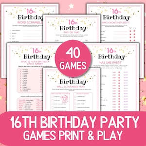 Peut inclure: Ensemble de jeux imprimables pour une fête de 16 ans. Les jeux comprennent des mots mêlés, "ceci ou cela", "qui la connaît le mieux ?" et une chasse au trésor dans un centre commercial. Le texte "40 JEUX" est dans un cercle rose.
