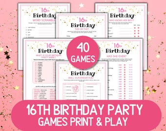 Lot de 16 jeux de société Sweet 16, 40 jeux imprimables pour 16e anniversaire, adolescente seize ans