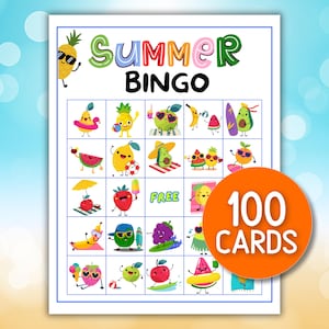 Cartões de jogo de bingo de verão para impressão, atividades de jogo de bingo de aniversário para festa infantil, 100 cartões de bingo de verão, atividade de acampamento, férias para crianças, impressão