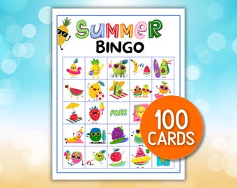 Summer Bingo Game Cards Printable, Bingo Birthday Game Activities for Kids Party 100 Summer Bingo Cards Camp Activity Vacation Kid Printable