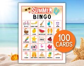 Summer Bingo Printable Game, Kids Teen Family Party Activity 100 Cards Vacation