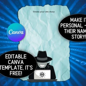 May include: Digital graphic with a blue background and a torn paper effect. Text includes "Create your own story," "Make it personal - add their name & story!" and "Editable Canva template, it's free!" A Canva logo and a hacker graphic are also present.