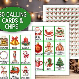 May include: A set of printable Christmas calling cards and chips featuring illustrations of a fireplace, bells, candle, lights, nutcracker, candy cane, reindeer, truck, snowman, Santa, sleigh, sweater, ornament, gingerbread man, house, cocoa, and gifts.