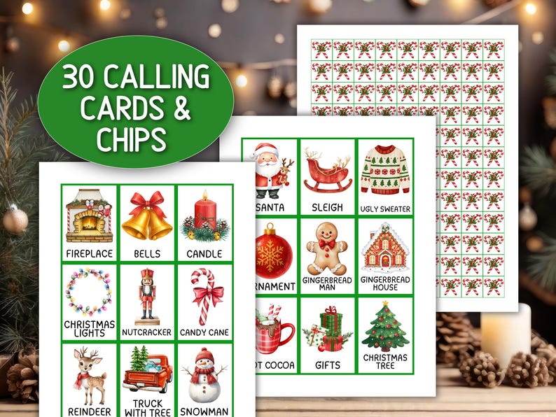May include: A set of printable Christmas calling cards and chips featuring illustrations of a fireplace, bells, candle, lights, nutcracker, candy cane, reindeer, truck, snowman, Santa, sleigh, sweater, ornament, gingerbread man, house, cocoa, and gifts.