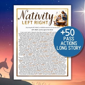 May include: A printed poster with a gold border features the text "Nativity LEFT RIGHT" in elegant script. The poster includes an illustration of Mary, Joseph, and baby Jesus, with a starry night background. A blue circle reads "+50 PASS ACTIONS LONG STORY".