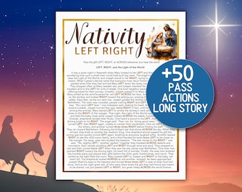 Może przedstawiać: Wydrukowany plakat ze złotą obwódką zawiera tekst "Nativity LEFT RIGHT" w eleganckiej czcionce. Plakat zawiera ilustrację Marii, Józefa i Dzieciątka Jezus, z tłem gwiaździstej nocy. Niebieskie koło głosi "+50 PASS ACTIONS LONG STORY".