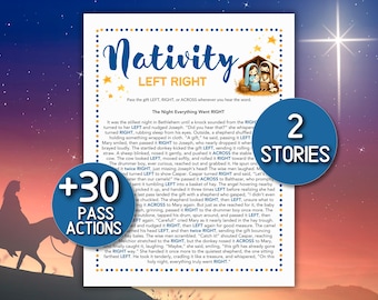 May include: A printed game sheet titled "Nativity LEFT RIGHT" with text and illustrations. The sheet includes instructions and a story about the Nativity. Two blue circles indicate "2 STORIES" and "+30 PASS ACTIONS".