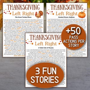 May include: Three Thanksgiving-themed Left Right story cards with illustrations of a turkey and a pumpkin. The cards have text and are decorated with fall leaves. A circular sticker says "+50 PASS ACTIONS PER STORY". Another sticker says "3 FUN STORIES".