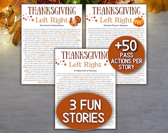 May include: Three Thanksgiving-themed Left Right story cards with illustrations of a turkey and a pumpkin. The cards have text and are decorated with fall leaves. A circular sticker says "+50 PASS ACTIONS PER STORY". Another sticker says "3 FUN STORIES".