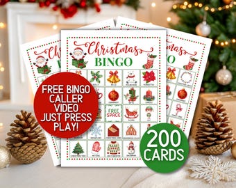 May include: A Christmas Bingo game set featuring multiple printed cards with festive illustrations like Santa, bells, and ornaments. The cards include a grid with a center free space and text reading Christmas BINGO, FREE BINGO CALLER VIDEO JUST PRESS PLAY, and 200 CARDS.