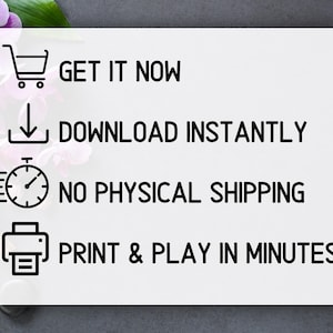 Puede incluir: Gr&aacute;fico rectangular blanco con texto e iconos negros, incluyendo un carrito de compras, una flecha hacia abajo, un reloj y una impresora. El texto dice: &iexcl;OBT&Eacute;NLO AHORA, DESCARGA AL INSTANTE, SIN ENV&Iacute;O F&Iacute;SICO, IMPRIME Y JUEGA EN MINUTOS!