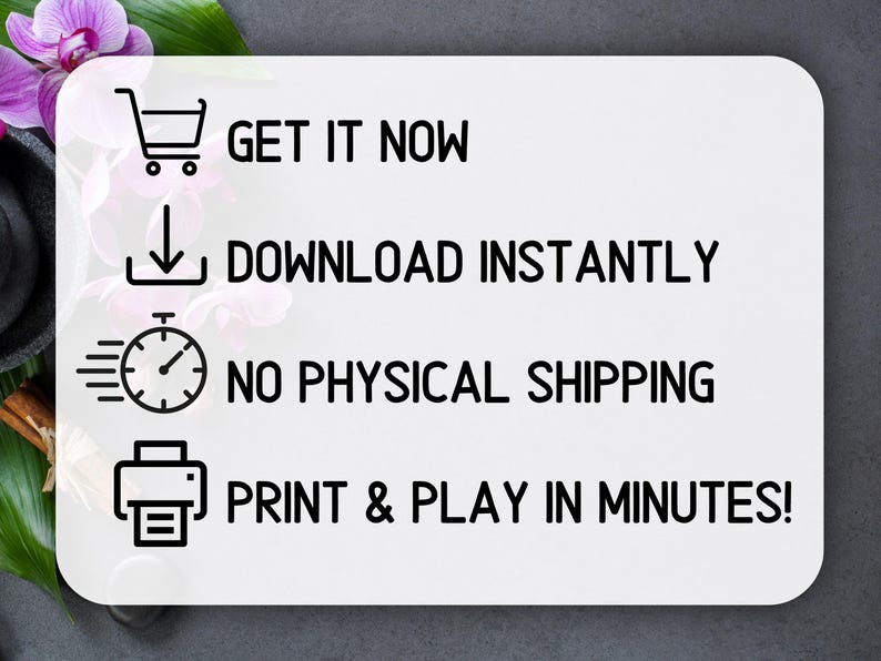 Puede incluir: Gr&aacute;fico rectangular blanco con texto e iconos negros, incluyendo un carrito de compras, una flecha hacia abajo, un reloj y una impresora. El texto dice: &iexcl;OBT&Eacute;NLO AHORA, DESCARGA AL INSTANTE, SIN ENV&Iacute;O F&Iacute;SICO, IMPRIME Y JUEGA EN MINUTOS!
