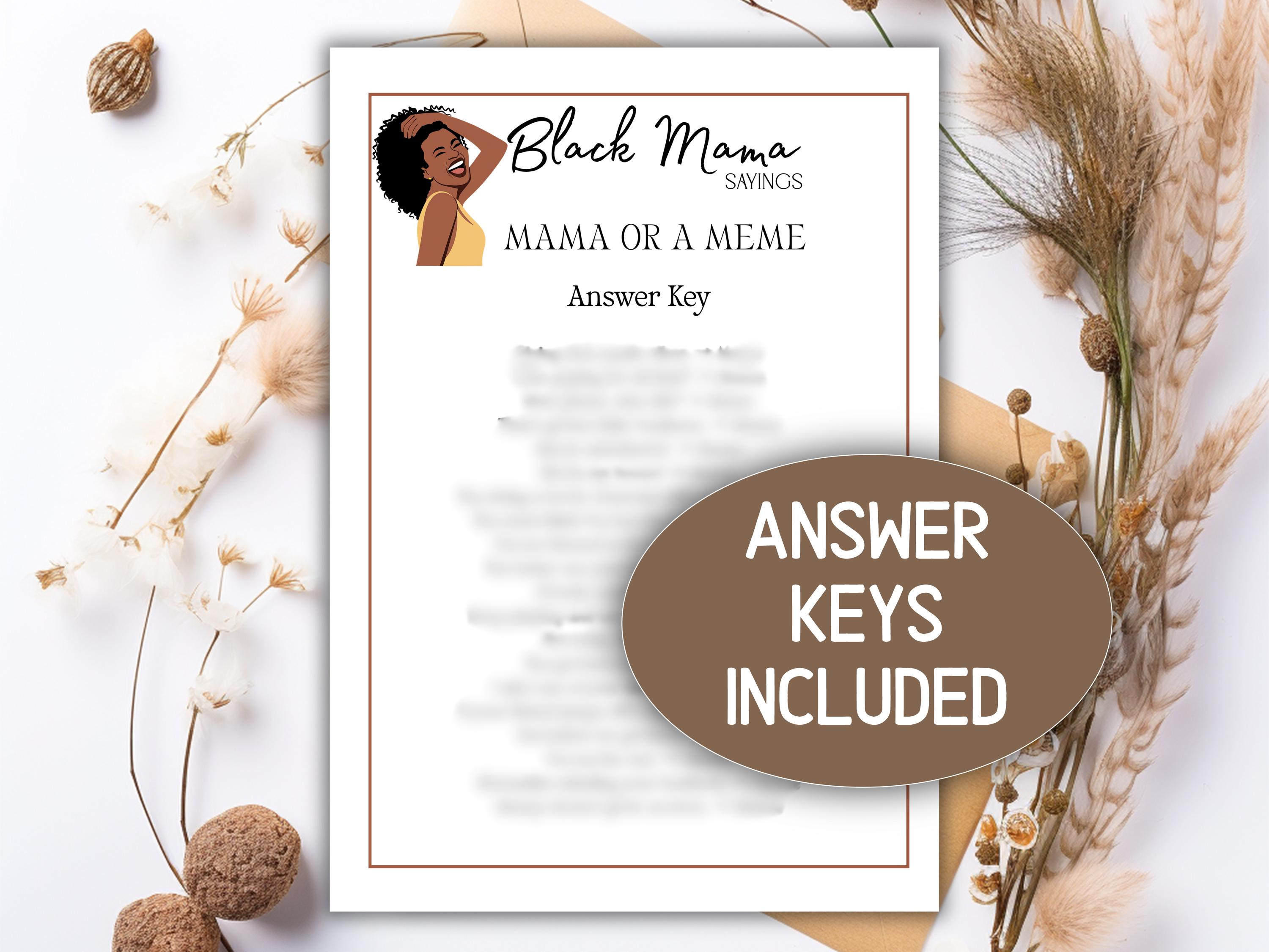 黒人ママの格言ゲーム、ミームゲーム、ベビーシャワーゲーム、黒人の女の子の物、黒人ママの格言、黒人ママの格言ゲーム、黒人の人々への回答キー（PDF）, image size:3000x2250