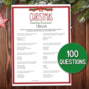 Peut inclure: Un jeu de trivia de réunion familiale de Noël avec 100 questions. Le jeu présente une bordure rouge et blanche avec des graphiques sur le thème de Noël. Un cercle vert avec le texte "100 QUESTIONS" est à droite.