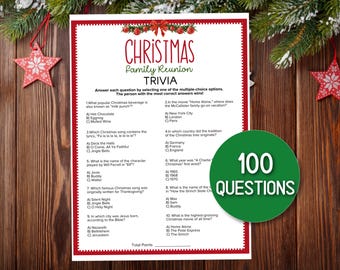 May include: A Christmas Family Reunion Trivia game with 100 questions. The game has a red and white border with Christmas graphics. A green circle with "100 QUESTIONS" is on the right.
