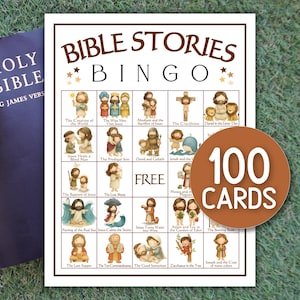 100 cartelle del bingo biblico, storie bibliche stampabili, attività bibliche, VBS, scuola domenicale, giochi di storie, chiesa